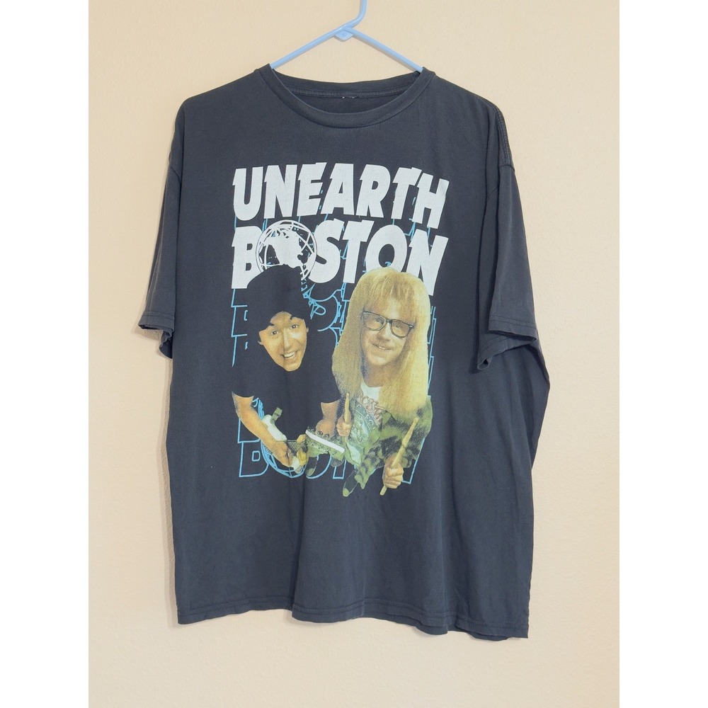 Unearth Boston Band Tee Waynes World Parody Graphic T-Shirt Faded Black XL